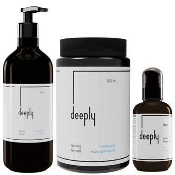 Набор для увлажнения и блеска волос Deeply: Шампунь Hydrating 1л Маска Hydrating Hair 1л и Крем для блеска Brilliant Finishing 200мл 32040047 фото